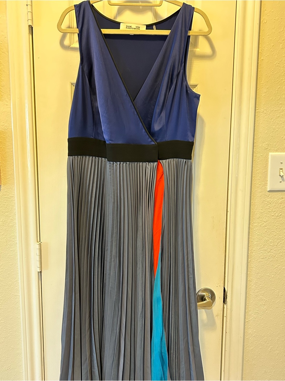 Diane Von Furstenberg Blue and Gray Pleated Maxi with Colorblock Accents